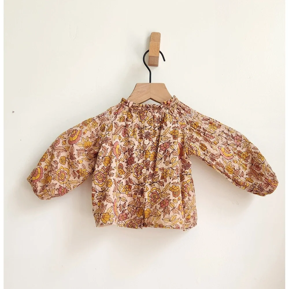 Louis Louise Paris Blouse Baby 12M Tan Floral Smocked Boho Top Cottagecore